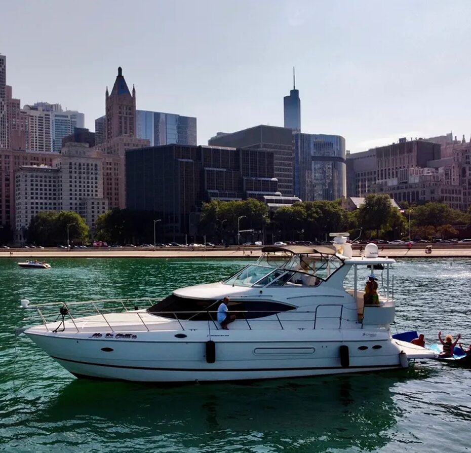 Luxury yacht in coastal cityscape