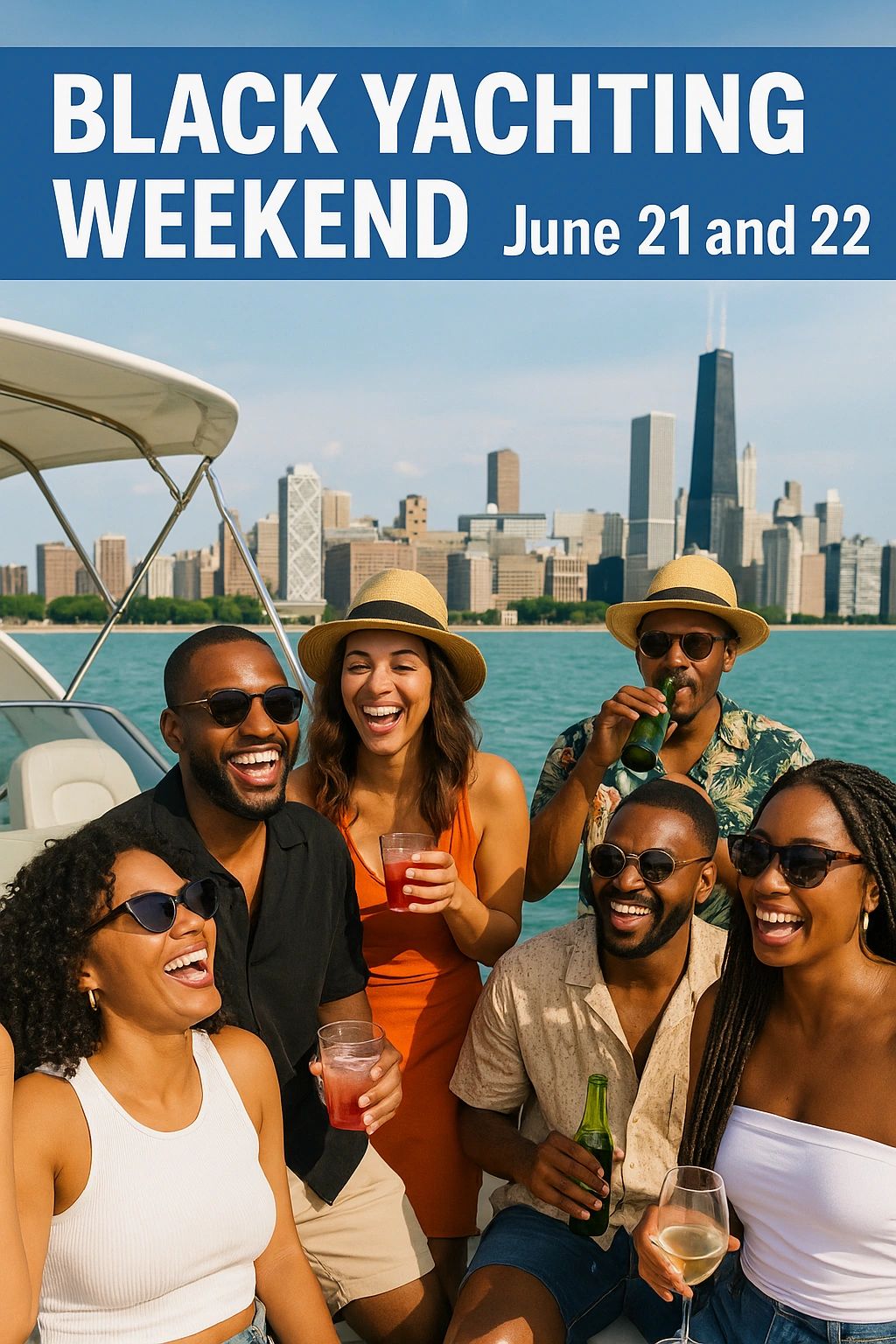Group enjoying yacht trip by city skyline