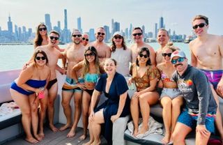 Smiling group with city skyline backdrop