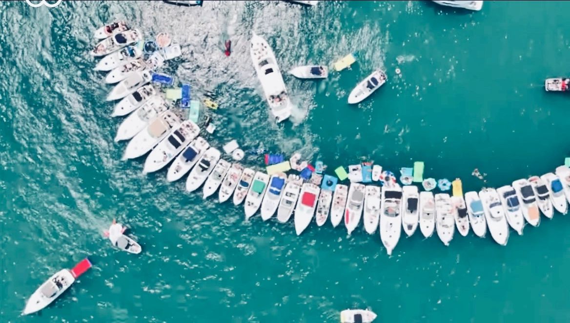 Aerial view of boats forming a line