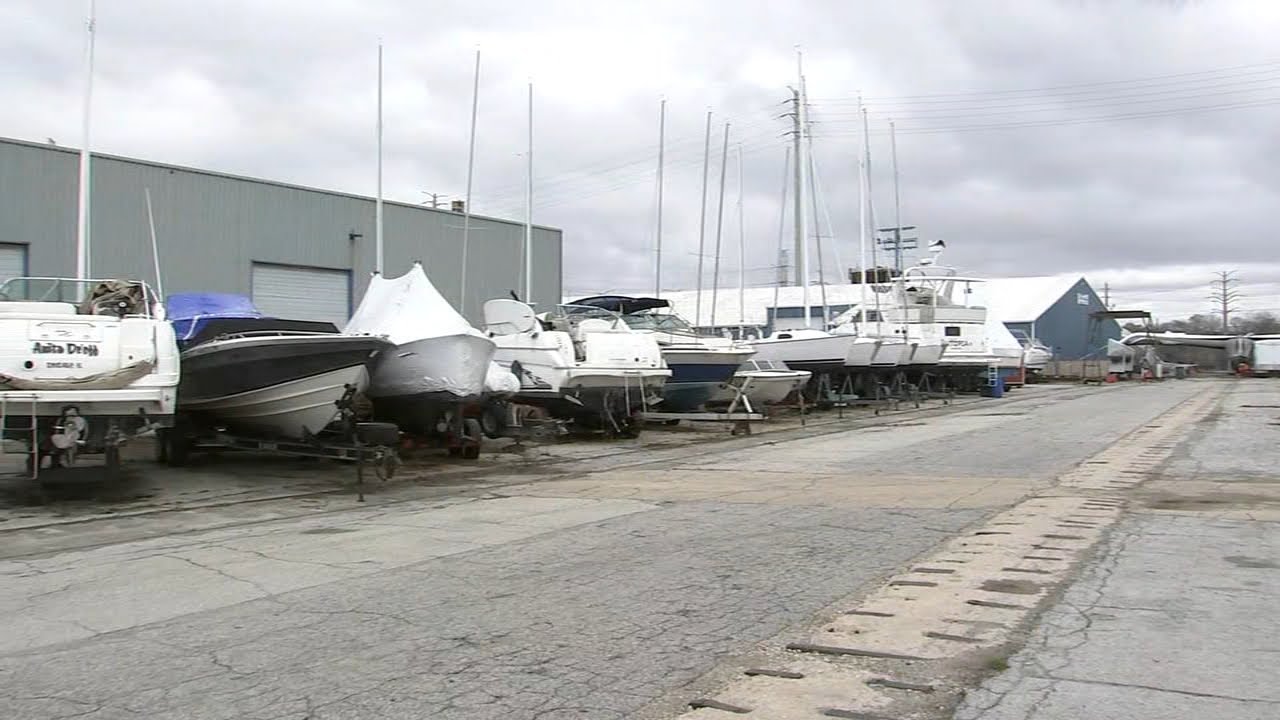 Marina with boats on dry land.