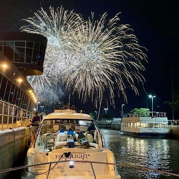 Fireworks from the Chicago Locks/Photo courtesy of Knot Gulfing Charters Chicago locks fireworks wednesday and Saturday fireworks Fireworks from the Chicago Locks/Photo courtesy of Knot Gulfing Charters Chicago locks fireworks wednesday and Saturday fireworks