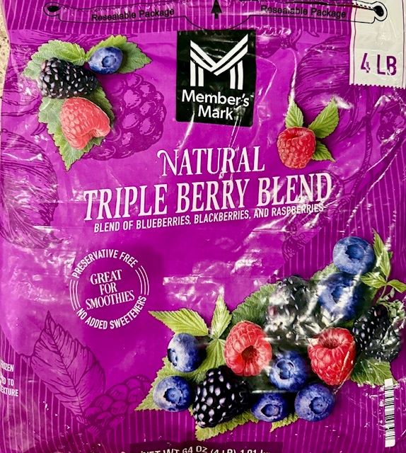 Berry blend packaging with blueberries, blackberries, raspberries.
