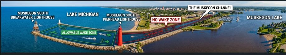 Google AI generated image depicting the RED no wake zone and the GREEN permitted wake zoneMuskegon Harbor Muskegon Lake Muskegon Channel Michigan DNR Muskegon County Sheriff Google AI generated image depicting the RED no wake zone and the GREEN permitted wake zoneMuskegon Harbor Muskegon Lake Muskegon Channel Michigan DNR Muskegon County Sheriff
