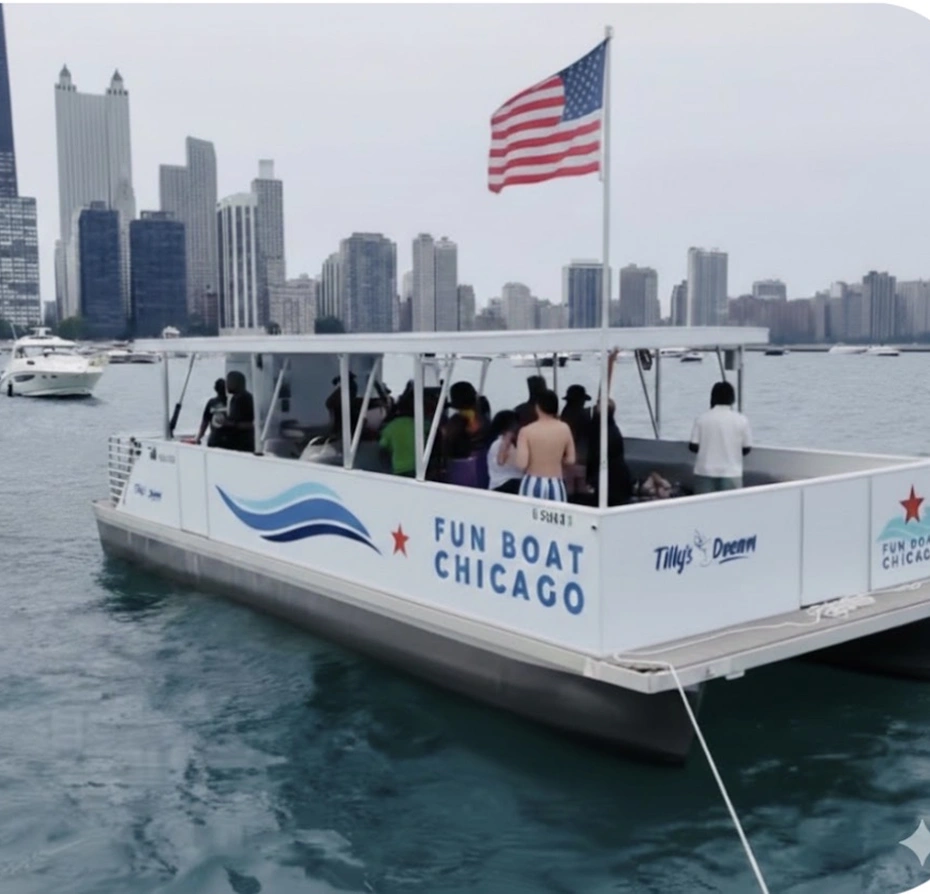 Fun boat in Chicago with a group of people on board, sailing on the water