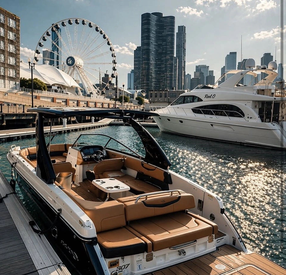 Boat docked at a dock with a ferris wheel in the background, surrounded by buildings, trees, poles, and a bridge