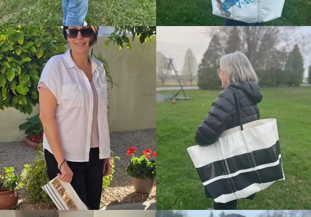 Casual tote bags modeled by different women.
