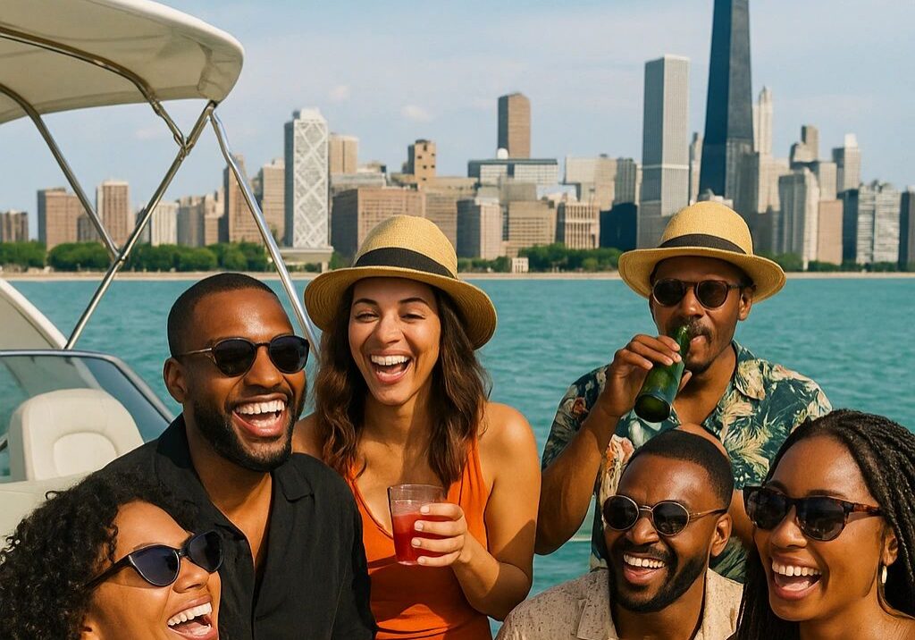 Group enjoying yacht trip by city skyline
