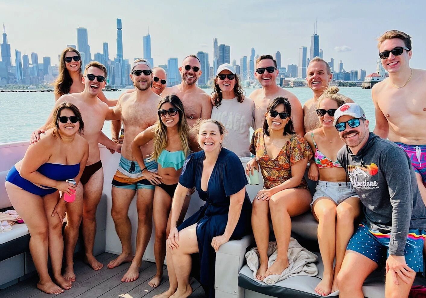 Friends on a boat with city view
