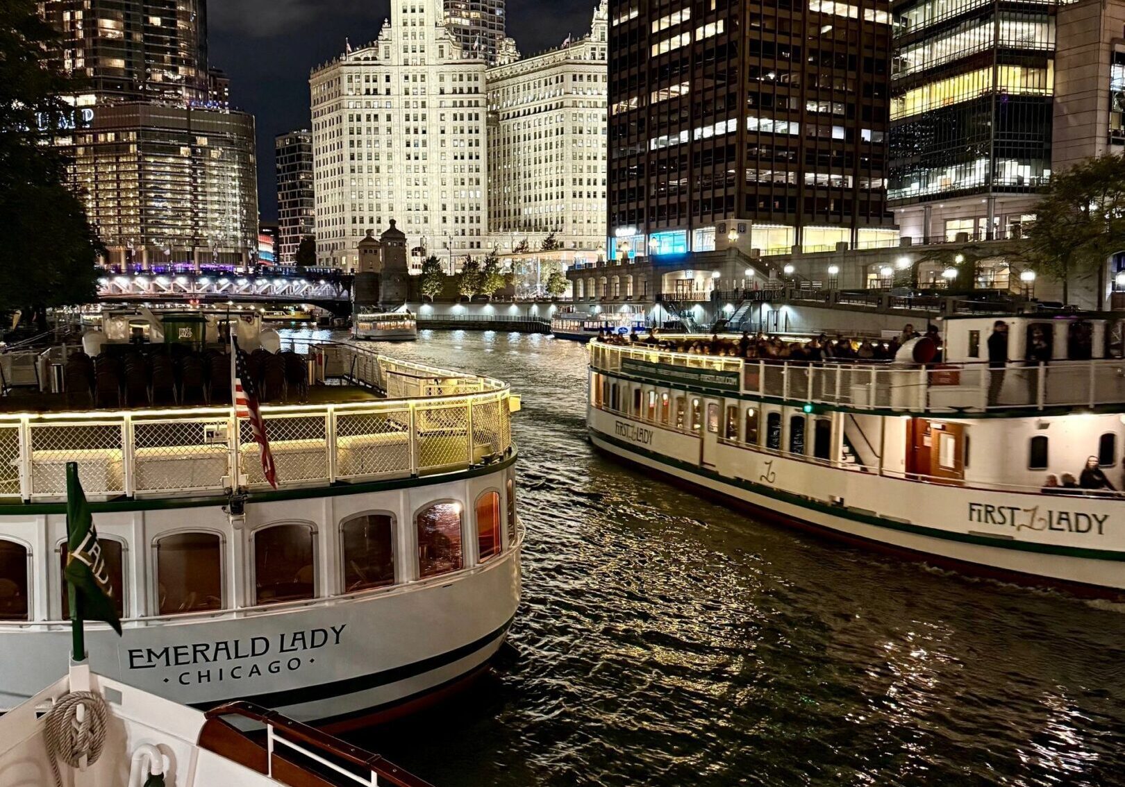 Nighttime cruise on Chicago River