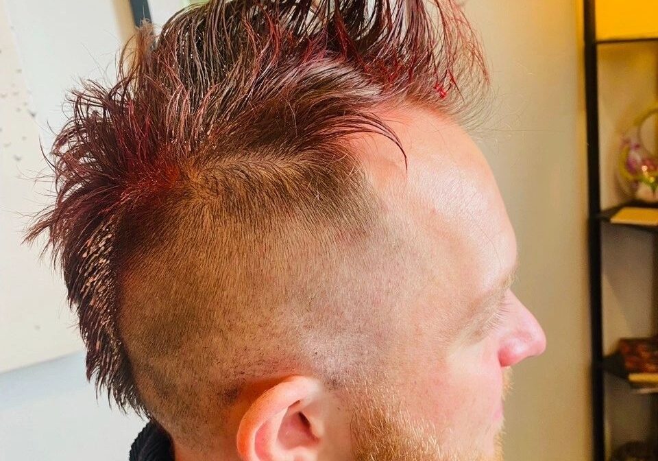 Side view of red mohawk hairstyle
