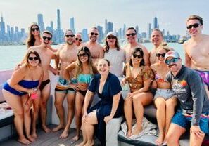 Smiling group with city skyline backdrop