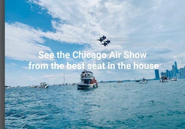 Aerial display above Chicago skyline and boats
