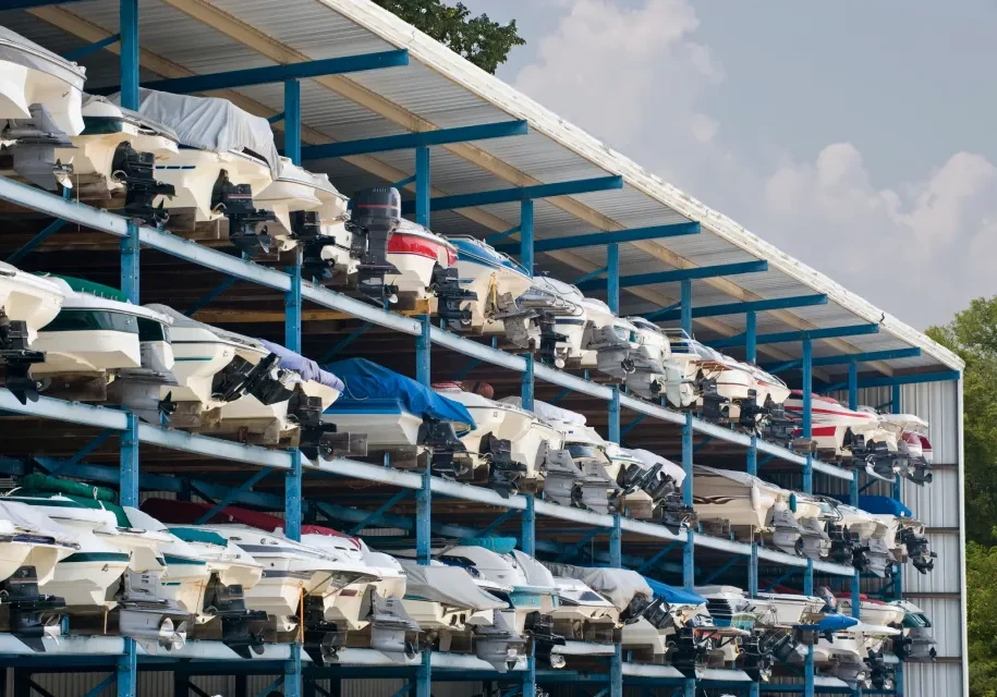Boats organized on metal shelves