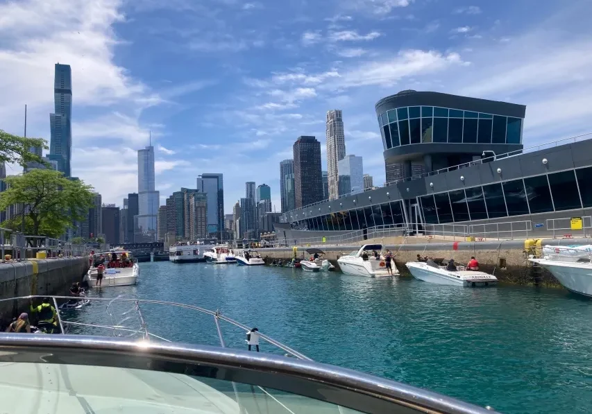 Urban harbor scene with blue sky