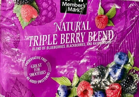 Berry blend packaging with blueberries, blackberries, raspberries.
